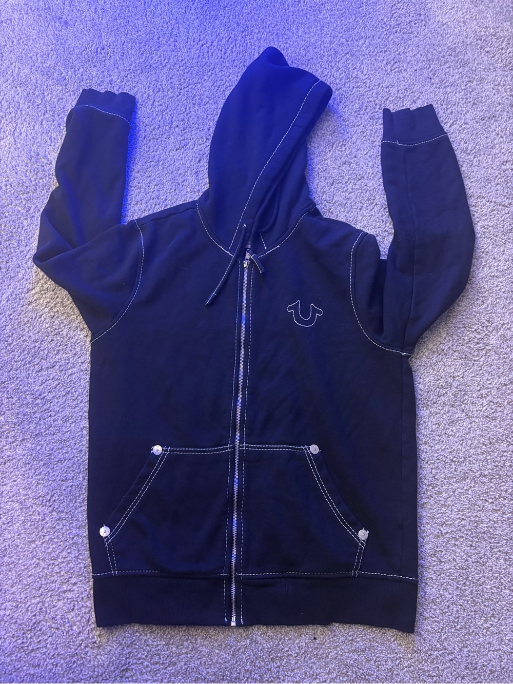 True Religion Black Zip Hoodie with White Contrast Stitching